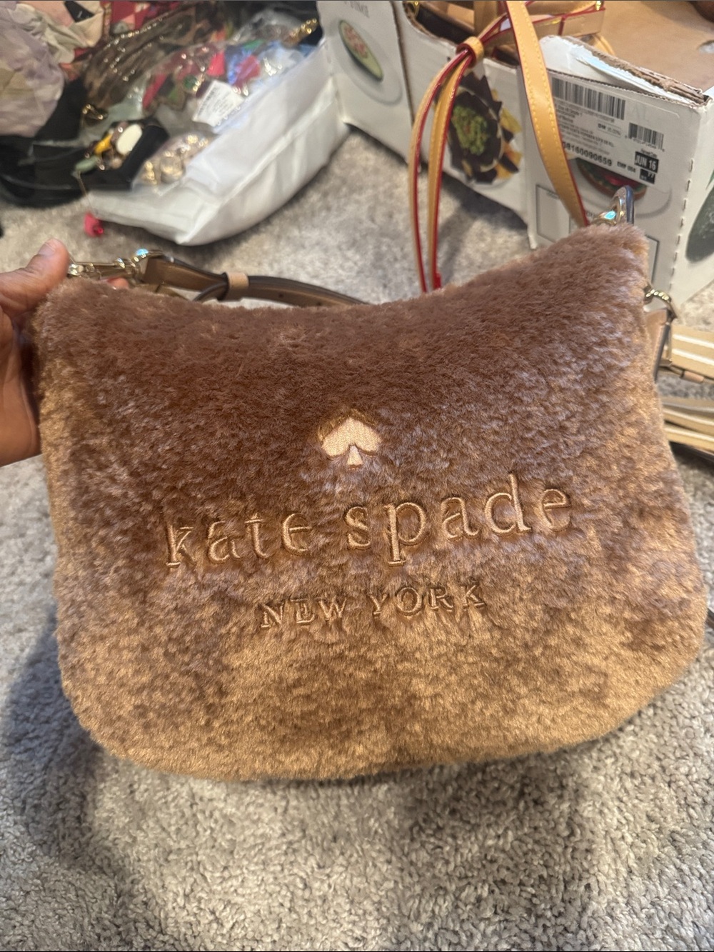 kate spade Plush Brown Crossbody with Striped Strap